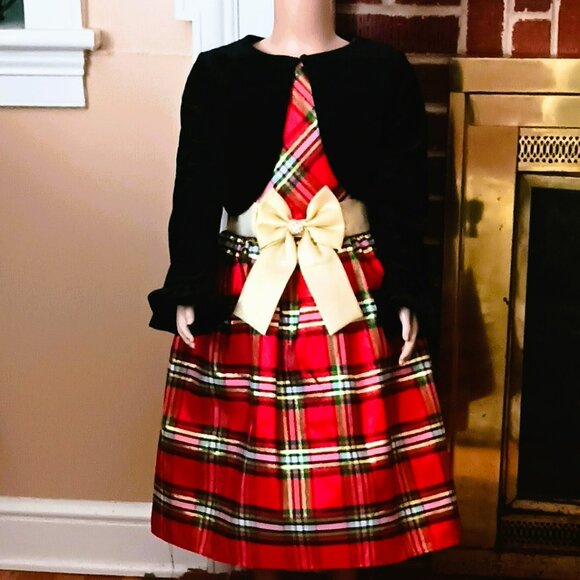 Sweet Charmers Plaid Jacket Dress 6 2 Piece Red & Gold Christmas Velvet Jacket - Picture 1 of 9